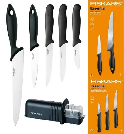 FISKARS ESSENTIAL Komplet 5 noży (kuchenne +do warzyw) w pudełku | stal nierdzewna HRC 53 + Ostrzałka ESSENTIAL