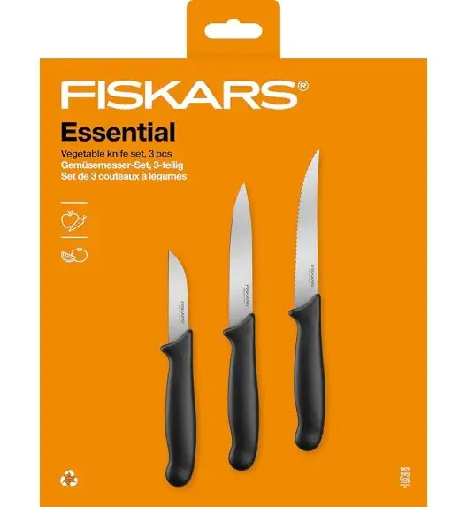 FISKARS ESSENTIAL Komplet 8 noży (kuchenne +do warzyw +do obierania) w pudełku + Ostrzałka ESSENTIAL