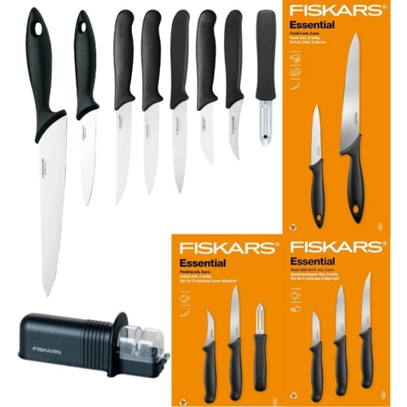 FISKARS ESSENTIAL Komplet 8 noży (kuchenne +do warzyw +do obierania) w pudełku + Ostrzałka ESSENTIAL