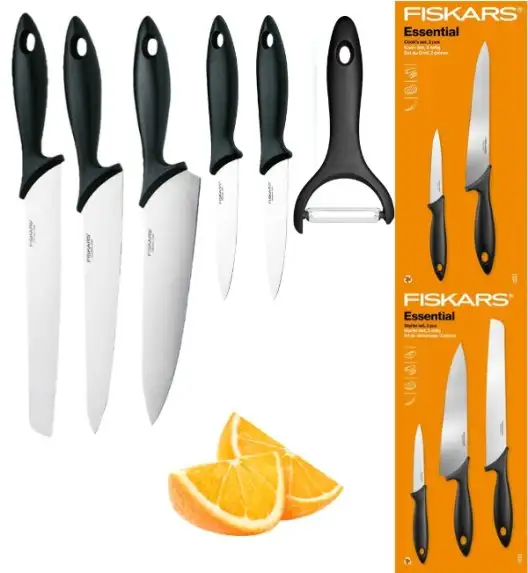 FISKARS ESSENTIAL Komplet 5 noży (kuchenne +Szefa) w pudełku + Skrobaczka ESSENTIAL