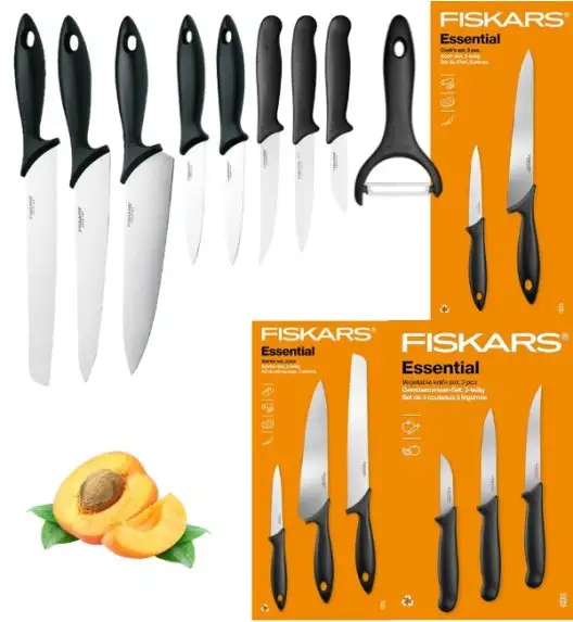 FISKARS ESSENTIAL Komplet 8 noży (kuchenne +Szefa +do warzyw) w pudełku / stal nierdzewna HRC 53 + Skrobaczka ESSENTIAL