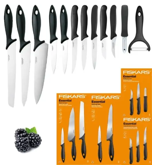 FISKARS ESSENTIAL Komplet 11 noży (kuchenne +Szefa+do obierania+do warzyw) w pudełku + Skrobaczka ESSENTIAL