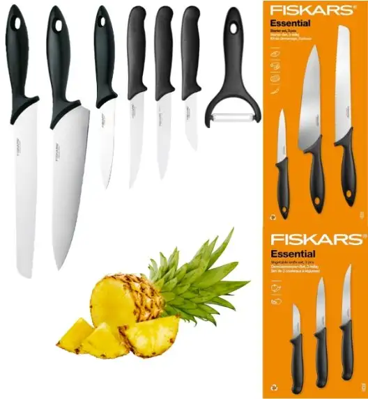 FISKARS ESSENTIAL Zestaw 6 noży (kuchenne +do warzyw) w pudełku / stal nierdzewna HRC 53 + Skrobaczka ESSENTIAL