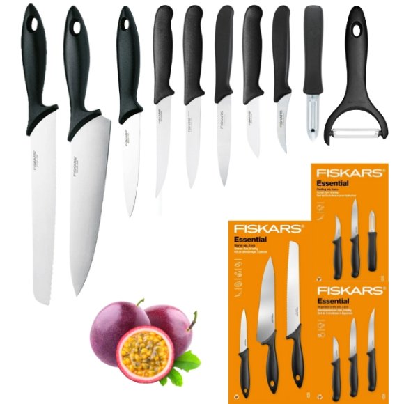 FISKARS ESSENTIAL Zestaw 9 noży (kuchenne +do warzyw +do obierania) w pudełku / stal nierdzewna + Skrobaczka ESSENTIAL