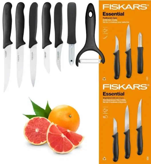 FISKARS ESSENTIAL Komplet 6 noży (do warzyw i do obierania) / stal nierdzewna HRC 53 + Skrobaczka ESSENTIAL