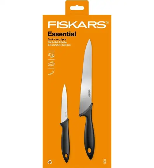 FISKARS ESSENTIAL Komplet 5 noży (kuchenne +do warzyw) w pudełku | stal nierdzewna HRC 53 + Skrobaczka ESSENTIAL