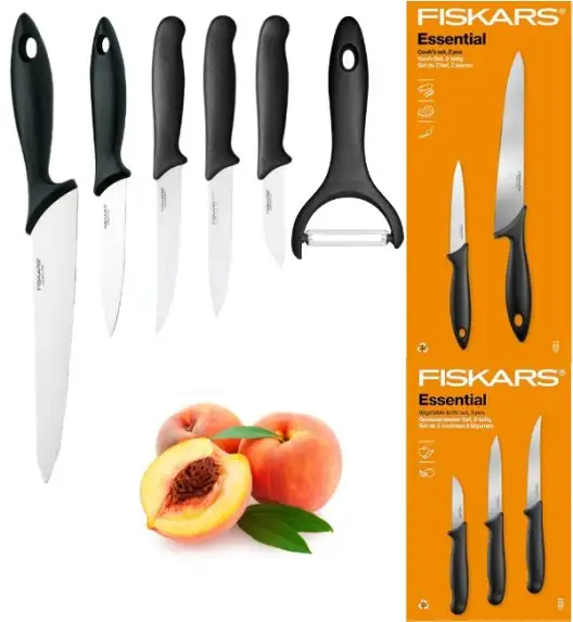 FISKARS ESSENTIAL Komplet 5 noży (kuchenne +do warzyw) w pudełku | stal nierdzewna HRC 53 + Skrobaczka ESSENTIAL
