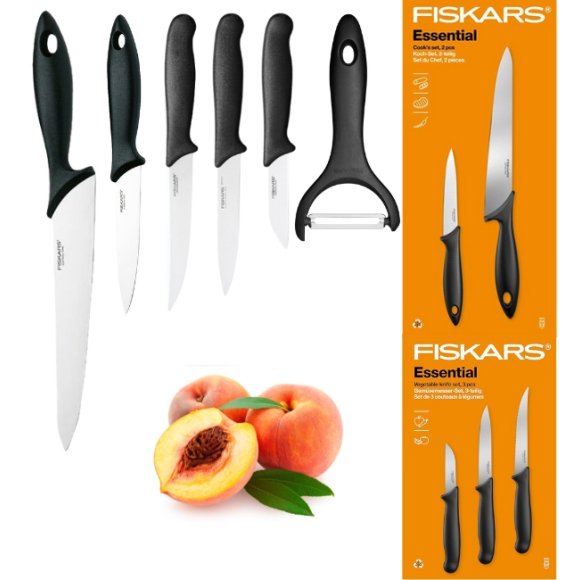 FISKARS ESSENTIAL Komplet 5 noży (kuchenne +do warzyw) w pudełku | stal nierdzewna HRC 53 + Skrobaczka ESSENTIAL