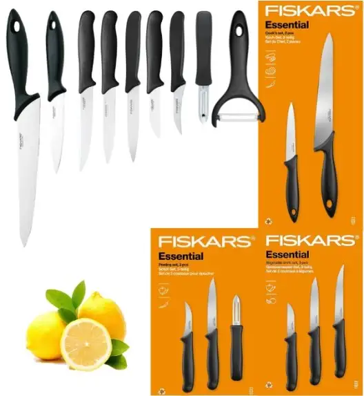 FISKARS ESSENTIAL Komplet 8 noży (kuchenne +do warzyw +do obierania) w pudełku | stal nierdzewna + Skrobaczka ESSENTIAL