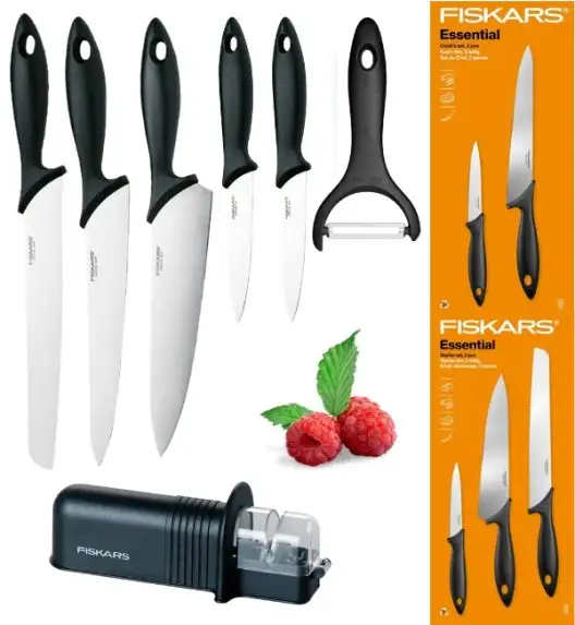 FISKARS ESSENTIAL Komplet 5 noży (kuchenne +Szefa) w pudełku + Ostrzałka + Skrobaczka ESSENTIAL