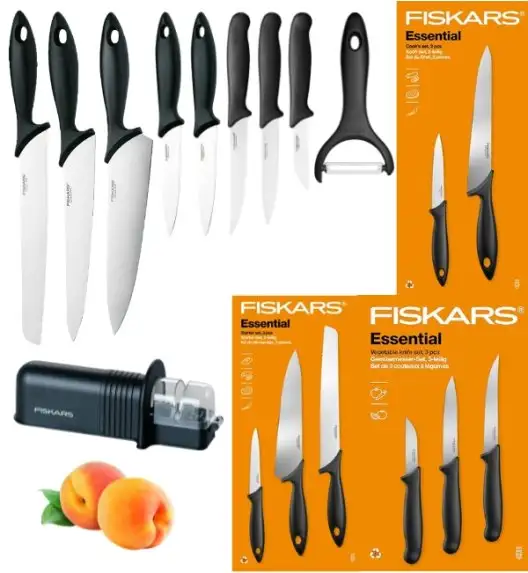 FISKARS ESSENTIAL Komplet 8 noży (kuchenne +Szefa +do warzyw) w pudełku / stal nierdzewna HRC 53 + Ostrzałka + Skrobaczka ESSENTIAL