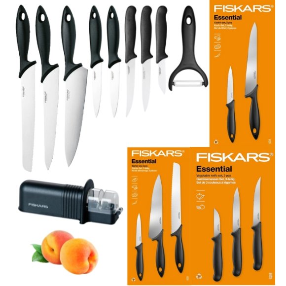 FISKARS ESSENTIAL Komplet 8 noży (kuchenne +Szefa +do warzyw) w pudełku / stal nierdzewna HRC 53 + Ostrzałka + Skrobaczka ESSENTIAL