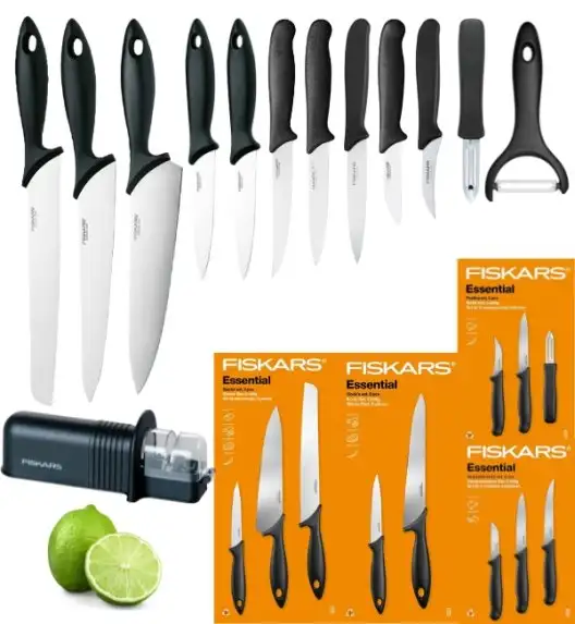 FISKARS ESSENTIAL Komplet 11 noży (kuchenne +Szefa+do obierania+do warzyw) w pudełku + Ostrzałka + Skrobaczka ESSENTIAL