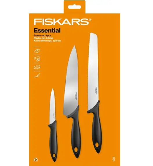 FISKARS ESSENTIAL Zestaw 9 noży (kuchenne +do warzyw +do obierania) w pudełku + Ostrzałka + Skrobaczka ESSENTIAL