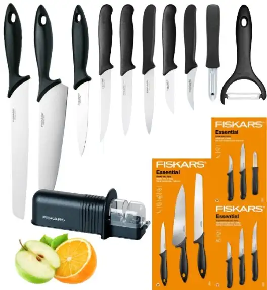 FISKARS ESSENTIAL Zestaw 9 noży (kuchenne +do warzyw +do obierania) w pudełku + Ostrzałka + Skrobaczka ESSENTIAL