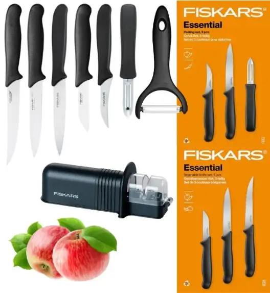 FISKARS ESSENTIAL Komplet 6 noży (do warzyw i do obierania) / stal nierdzewna HRC 53 + Ostrzałka + Skrobaczka ESSENTIAL