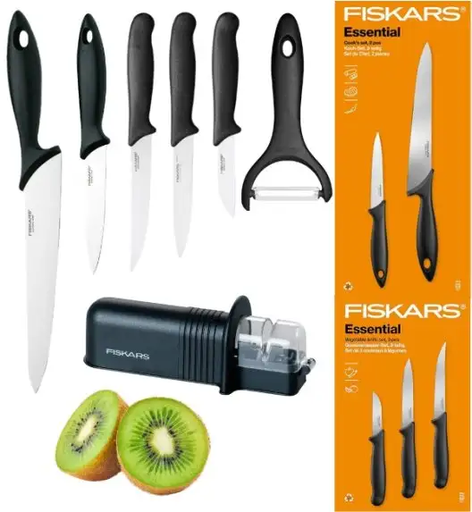 FISKARS ESSENTIAL Komplet 5 noży (kuchenne +do warzyw) w pudełku | stal nierdzewna HRC 53 + Ostrzałka + Skrobaczka ESSENTIAL