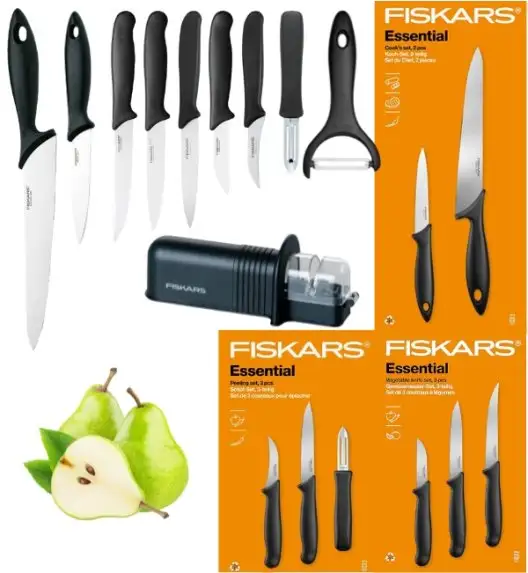 FISKARS ESSENTIAL Komplet 8 noży (kuchenne +do warzyw +do obierania) w pudełku + Ostrzałka + Skrobaczka ESSENTIAL