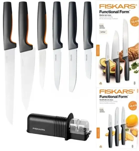FISKARS FUNCTIONAL FORM 1057559+1057561 Komplet 6 noży kuchennych (3+3) w pudełkach + ostrzałka ESSENTIAL