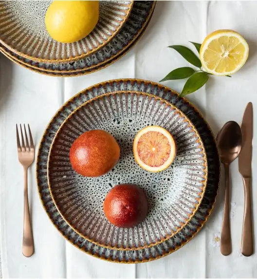 LUBIANA STONEWARE CERAMIKA / METEOR DESERT / Serwis obiadowy 54 elementy dla 18 osób / odcień piaskowo-niebieski