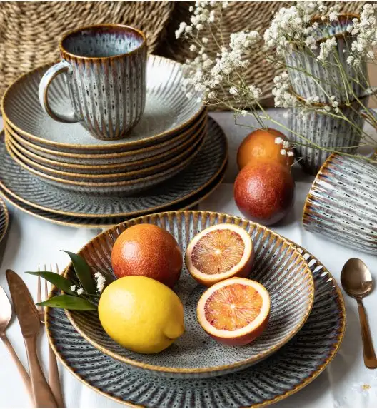 LUBIANA STONEWARE CERAMIKA / METEOR DESERT / Serwis obiadowy 72 elementy dla 24 osób / odcień piaskowo-niebieski