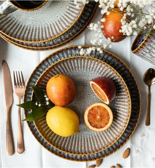 LUBIANA STONEWARE CERAMIKA / METEOR DESERT / Serwis obiadowy 72 elementy dla 24 osób / odcień piaskowo-niebieski