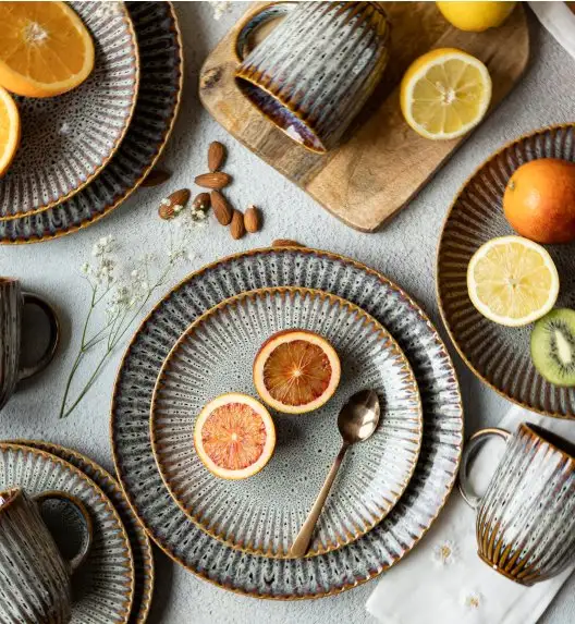 LUBIANA STONEWARE CERAMIKA / METEOR DESERT / Serwis obiadowy 72 elementy dla 24 osób / odcień piaskowo-niebieski