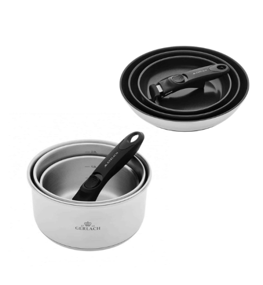 GERLACH SMART STEEL 996 Komplet 3 garnków 16/18/20 cm z odpinaną rączką + patelnie Smart  Steel 20, 24, 28 cm 