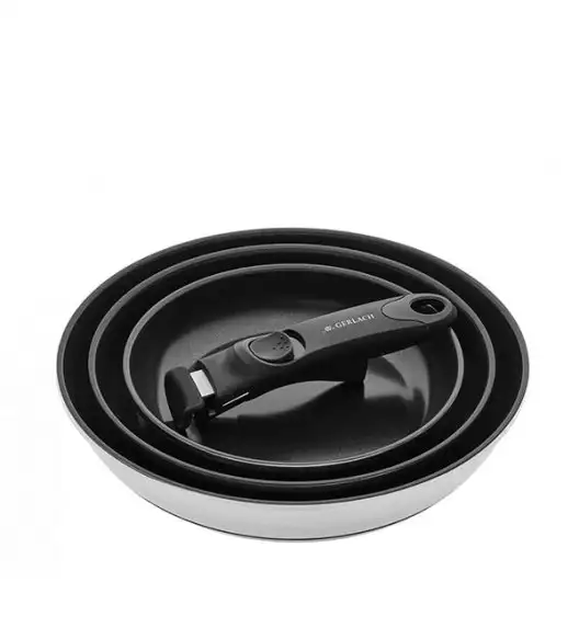 GERLACH SMART STEEL 996 Komplet 3 garnków 16/18/20 cm z odpinaną rączką + patelnie Smart  Steel 20, 24, 28 cm 