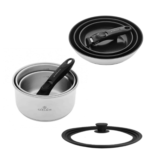GERLACH SMART STEEL 996 Komplet 3 garnków 16/18/20 cm z odpinaną rączką + patelnie Smart  Steel 20, 24, 28 cm + Pokrywka silikonowa 24/26/28 