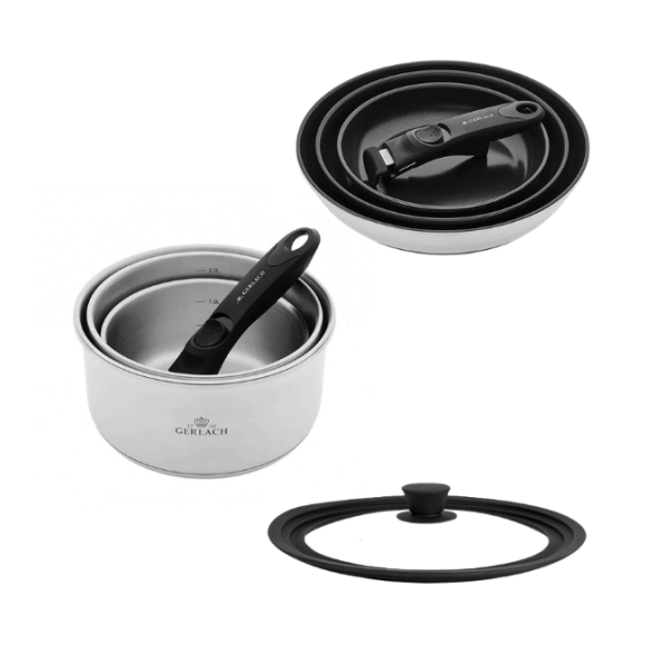 GERLACH SMART STEEL 996 Komplet 3 garnków 16/18/20 cm z odpinaną rączką + patelnie Smart  Steel 20, 24, 28 cm + Pokrywka silikonowa 24/26/28 