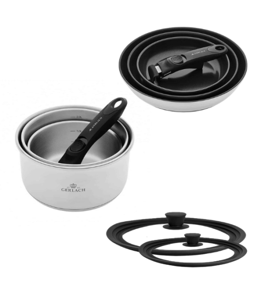 GERLACH SMART STEEL 996 Komplet 3 garnków 16/18/20 cm z odpinaną rączką + patelnie Smart  Steel 20, 24, 28 cm + Pokrywki silikonowe M+D