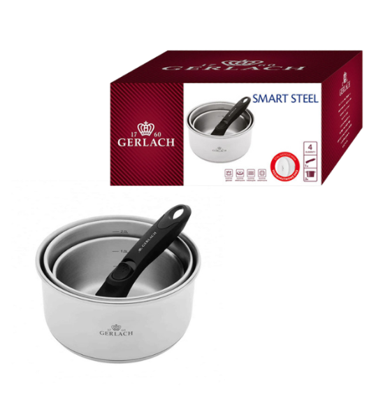 GERLACH SMART STEEL 996 Komplet 3 garnków 16/18/20 cm z odpinaną rączką + patelnie Smart  Steel 20, 24, 28 cm + Pokrywki silikonowe M+D