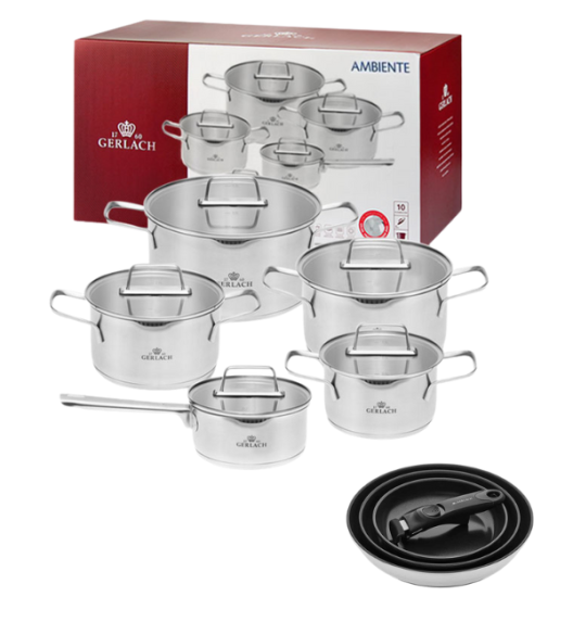 GERLACH AMBIENTE Komplet Garnki z pokrywkami 10 el + Patelnie Smart Steel 20, 24, 28 cm 