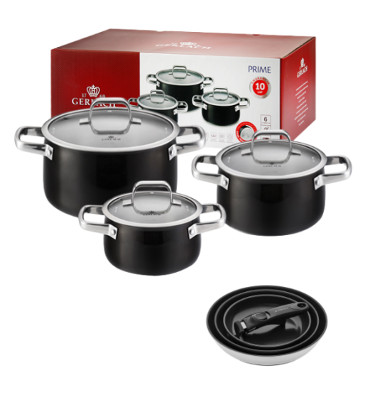 GERLACH PRIME Komplet Garnki z pokrywkami 6 el / stal nierdzewna / czarne lakierowane + Patelnie Smart Steel 20, 24, 28 cm