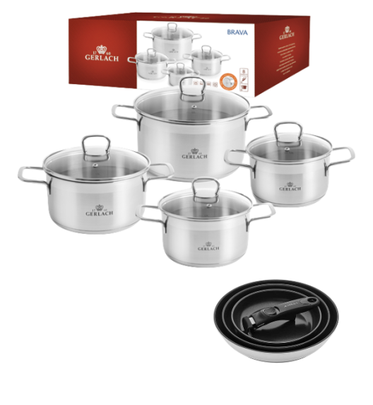GERLACH BRAVA Komplet Garnki z pokrywkami 8 el / Stal nierdzewna / INDUKCJA + Patelnie Smart Steel 20, 24, 28 cm
