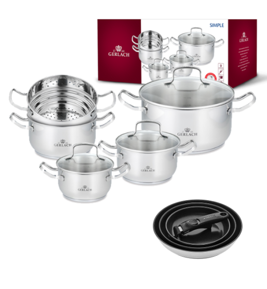 GERLACH SIMPLE Komplet Garnki z pokrywkami + wkład do gotowania na parze 9 el +Gerlach Smart Steel Patelnia 20 24 28 cm 
