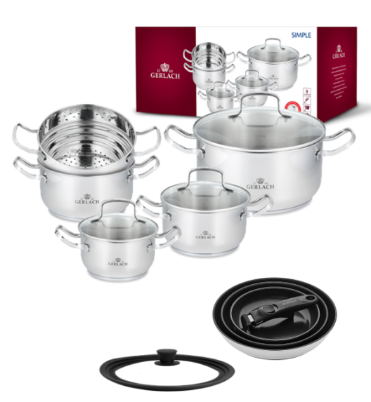 GERLACH SIMPLE Komplet Garnki z pokrywkami + wkład do gotowania na parze 9 el +Gerlach Smart Steel Patelnia 20 24 28 cm + pokrywka silikonowa 24/26/28 cm