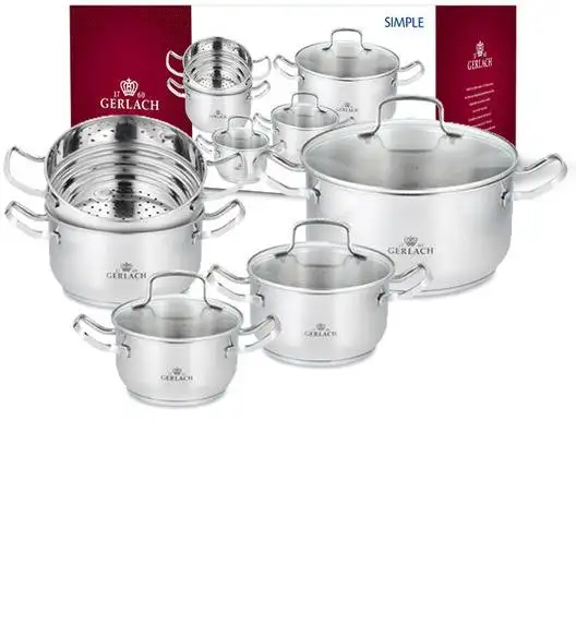 GERLACH SIMPLE Komplet Garnki z pokrywkami + wkład do gotowania na parze 9 el +Gerlach Smart Steel Patelnia 20 24 28 cm + pokrywka silikonowa 24/26/28 cm