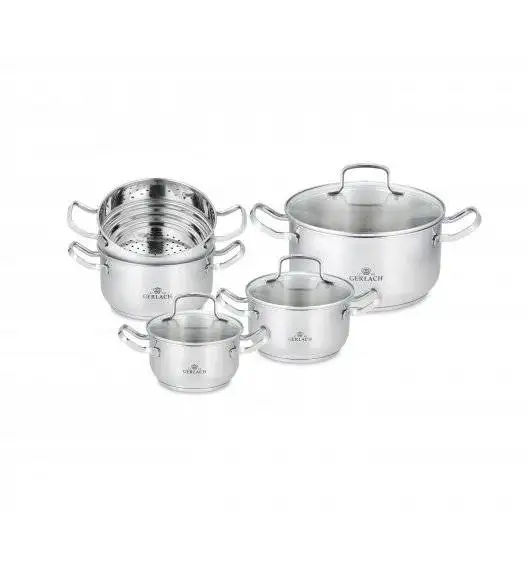 GERLACH SIMPLE Komplet Garnki z pokrywkami + wkład do gotowania na parze 9 el +Gerlach Smart Steel Patelnia 20 24 28 cm + pokrywka silikonowa 24/26/28 cm