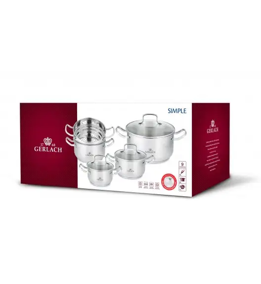 GERLACH SIMPLE Komplet Garnki z pokrywkami + wkład do gotowania na parze 9 el +Gerlach Smart Steel Patelnia 20 24 28 cm + pokrywka silikonowa 24/26/28 cm