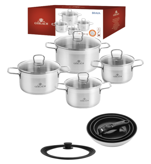 GERLACH BRAVA Komplet Garnki z pokrywkami 8 el / Stal nierdzewna / INDUKCJA + Patelnie Smart Steel 20, 24, 28 cm + pokrywka silikonowa 24/26/28 cm