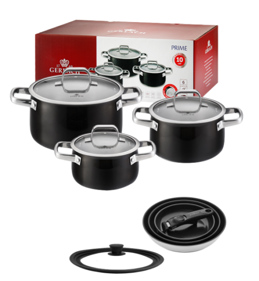 GERLACH PRIME Komplet Garnki z pokrywkami 6 el / stal nierdzewna / czarne lakierowane + Patelnie Smart Steel 20, 24, 28 cm + pokrywka silikonowa 24/26/28 cm