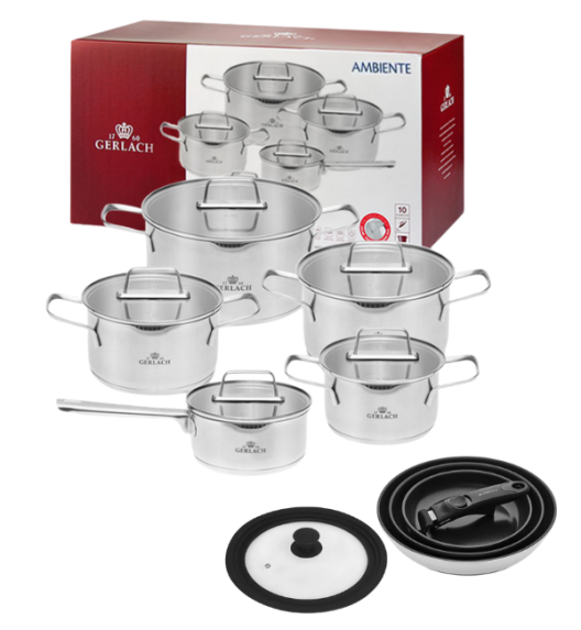 GERLACH AMBIENTE Komplet Garnki z pokrywkami 10 el + Patelnie Smart Steel 20, 24, 28 cm + pokrywka silikonowa 24/26/28 cm 