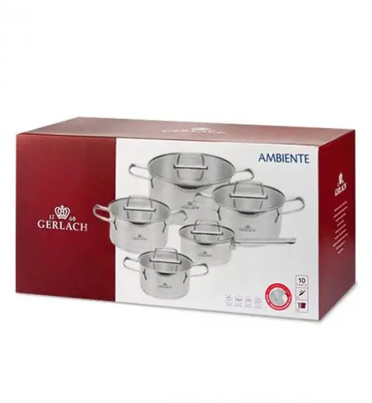 GERLACH AMBIENTE Komplet Garnki z pokrywkami 10 el + Patelnie Smart Steel 20, 24, 28 cm + pokrywka silikonowa 24/26/28 cm 