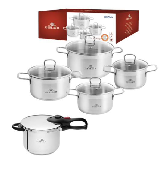 GERLACH BRAVA Komplet Garnki z pokrywkami 8 el / stal nierdzewna + Szybkowar Gerlach First 6 l 