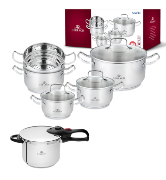 GERLACH SIMPLE Komplet Garnki z pokrywkami 9 el + szybkowar First 6 l 22 cm 