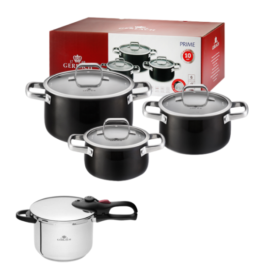 GERLACH PRIME Komplet Garnki z pokrywkami 6 el / stal nierdzewna / czarne lakierowane + szybkowar First 6 l 