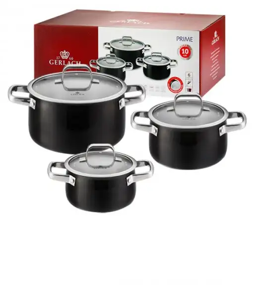 GERLACH PRIME Komplet Garnki z pokrywkami 6 el / stal nierdzewna / czarne lakierowane + szybkowar First 6 l 