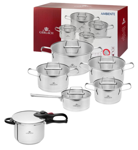 GERLACH AMBIENTE Komplet Garnki z pokrywkami 10 el / stal nierdzewna / indukcja + szybkowar First 6 l z pokrywką 22 cm